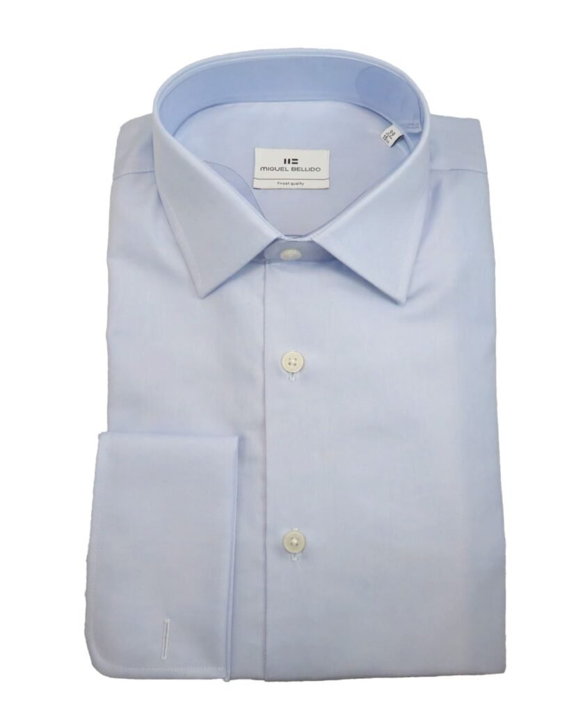 Camisa Clássica Azul de Algodão Popeline Punho Duplo 1